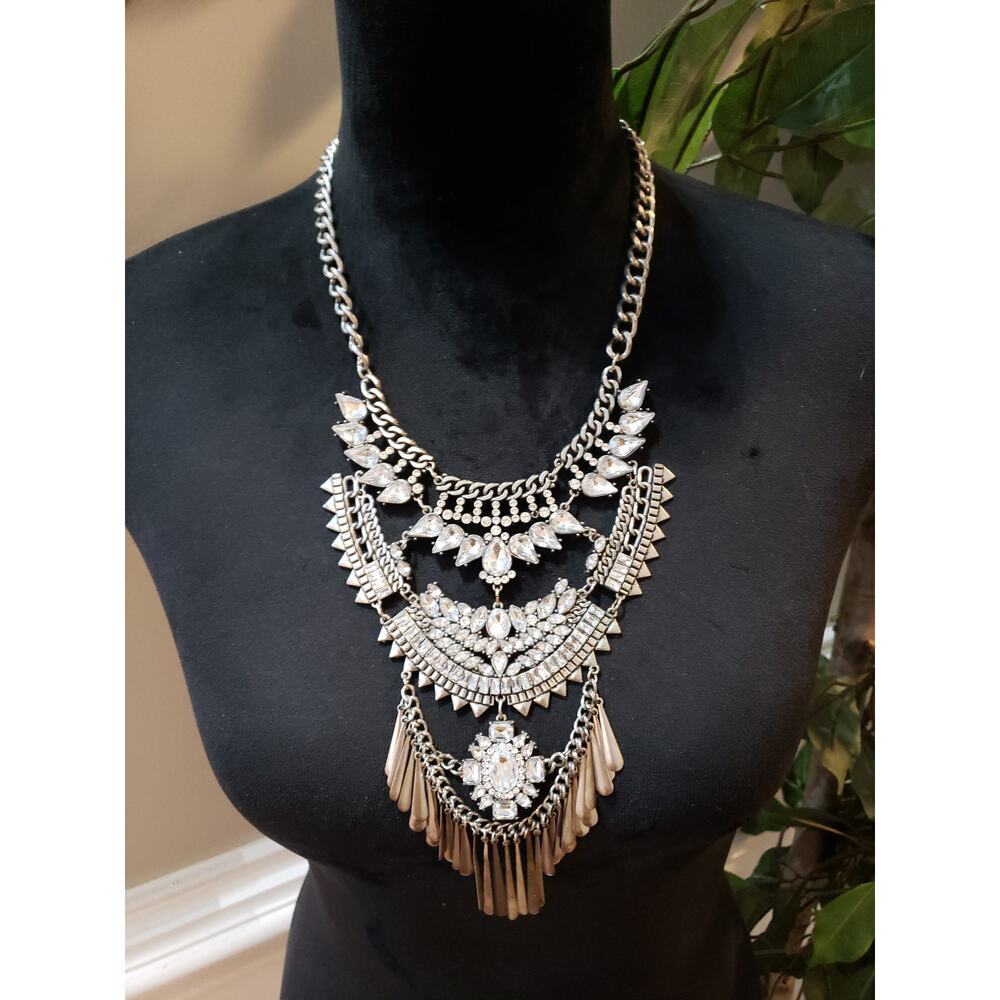Women Silver Clear Crystal Rhinestone‎ Layered Statement Bib Necklace Jewelry